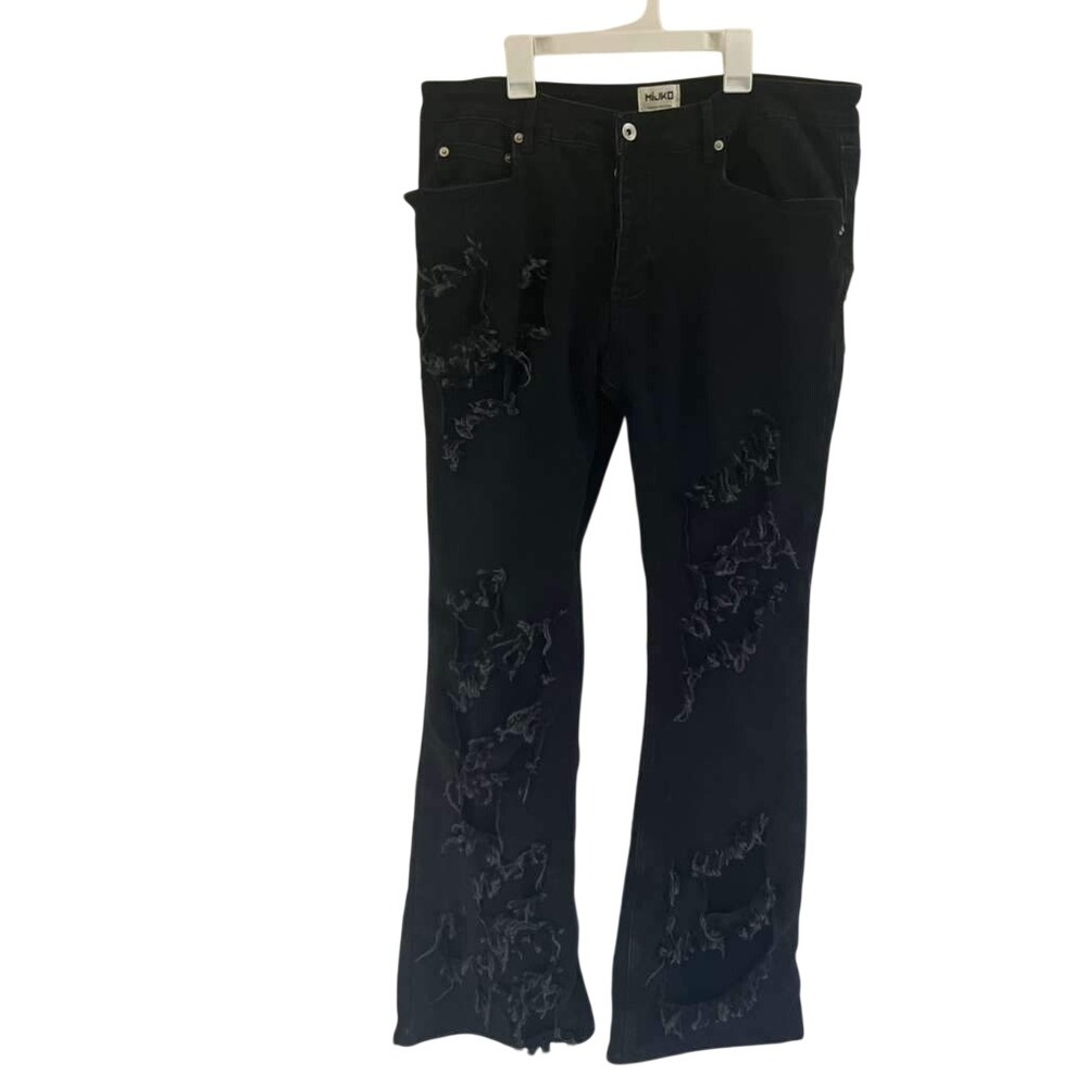 Miuko Creative Collection Distressed Flare Jeans Black Streetwear XL - 077